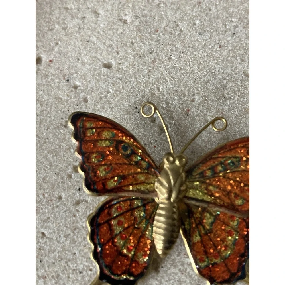 Whimsical Orange Enamel Butterfly‎ Brooch Gold Tone Glitter Pin Fairy Novelty